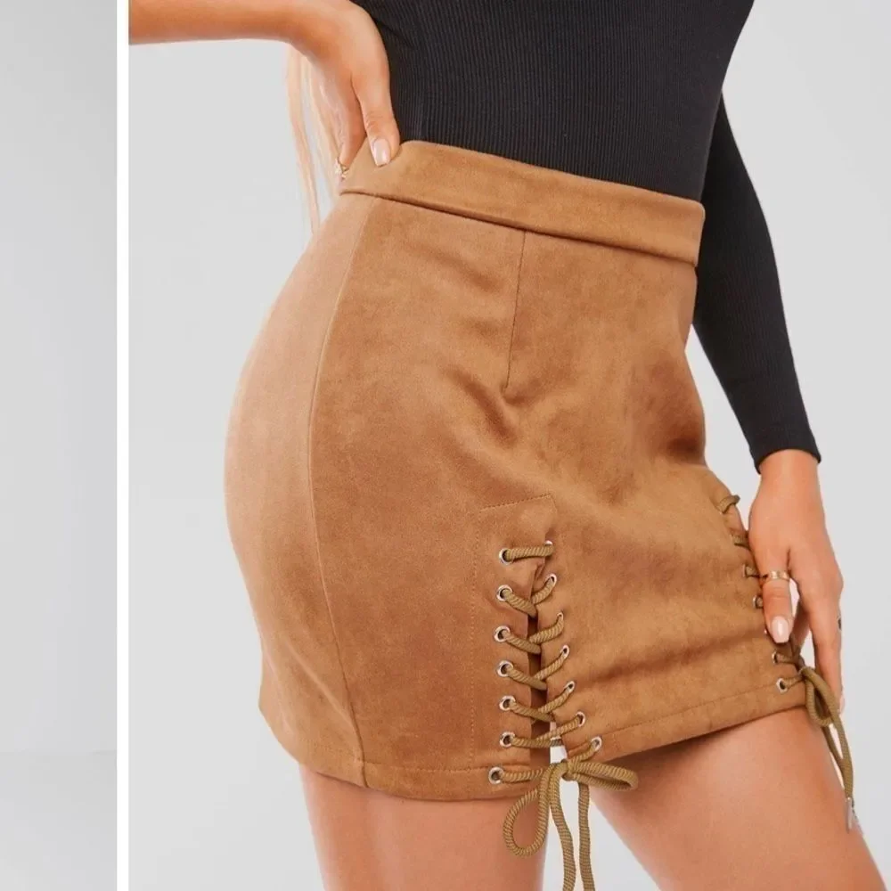 NWOT Lace-Up Faux Suede Mini Skirt coffee